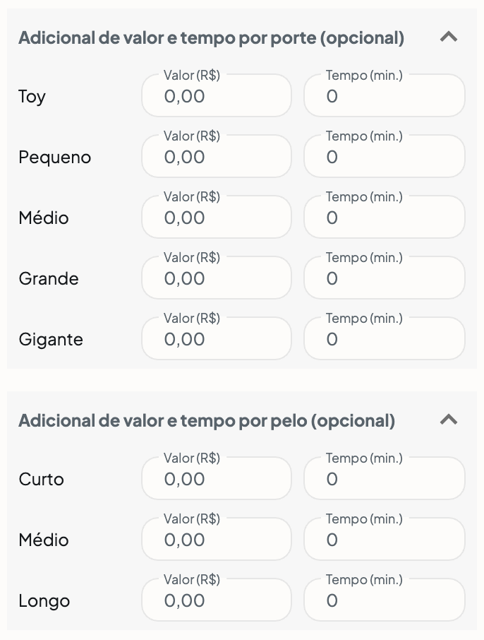Adicional de valor e tempo por pelo e porte do pet
