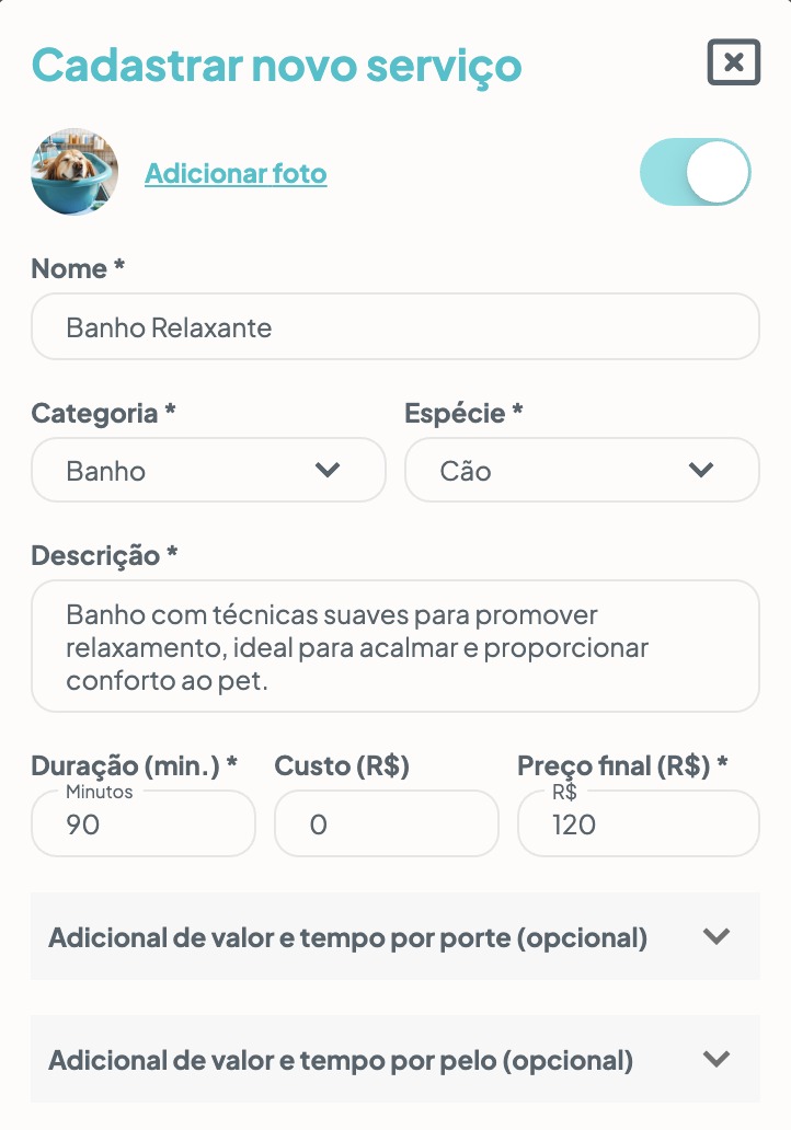 Tela de Cadastro de Serviço