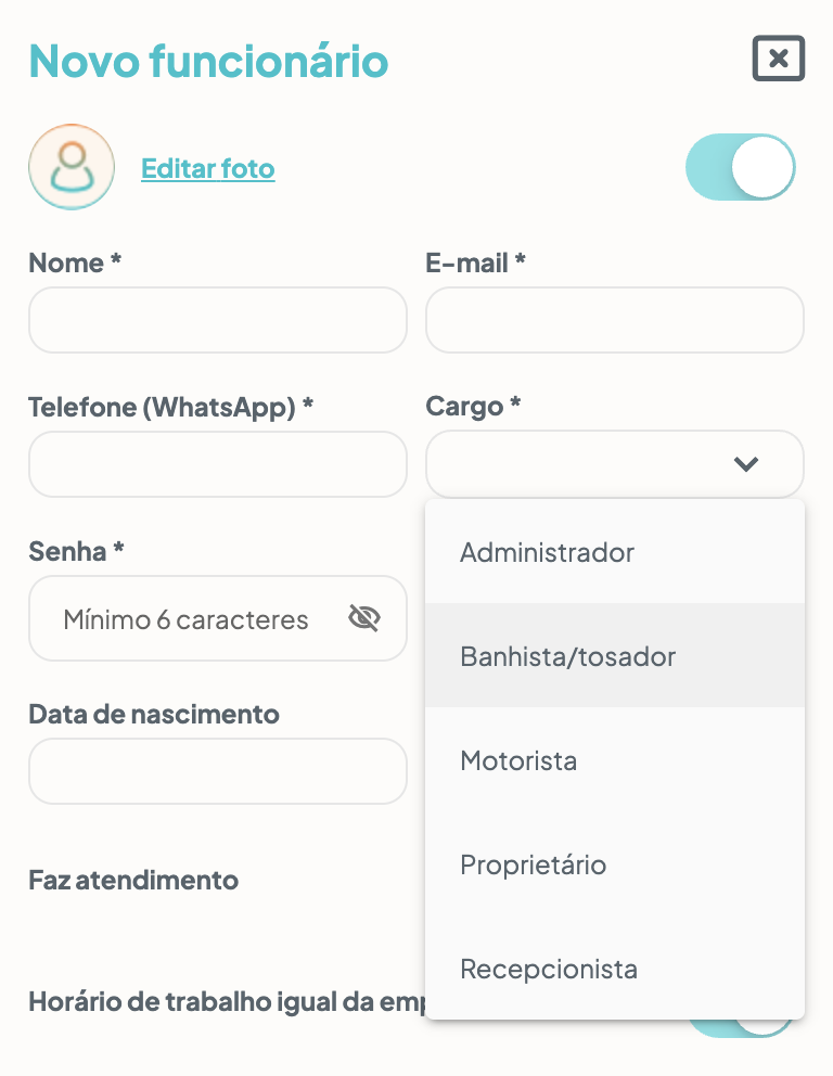 Cadastro de novo funcionário