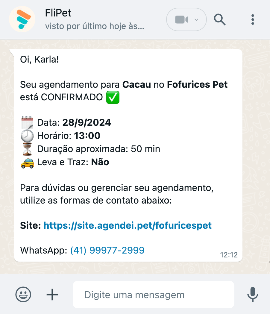 Mensagem automática no Whatsapp sobre Agendamento Confirmado