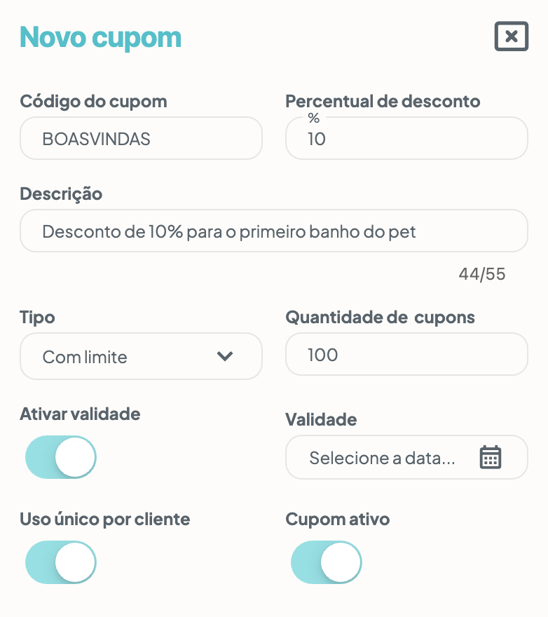 Cadastro de cupom de desconto